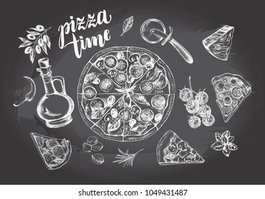 Pizza with pepperoni, olives and champignons, pieces of pizza, round knife, oil in a glass jug, parmesan. Set of Italian cuisine. Ink hand drawn Vector illustration. Food elements for menu design.