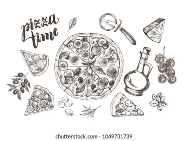 Pizza with pepperoni, olives and champignons, pieces of pizza, round knife, oil in a glass jug, parmesan. Set of Italian cuisine. Ink hand drawn Vector illustration. Food elements for menu design.