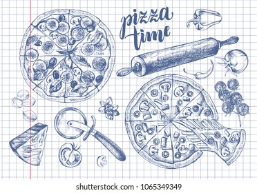 Pizza with pepperoni, olives and champignons, round knife, rolling pin, parmesan, vegetables. Set of Italian cuisine. Ink hand drawn Vector illustration. Food elements for menu design.