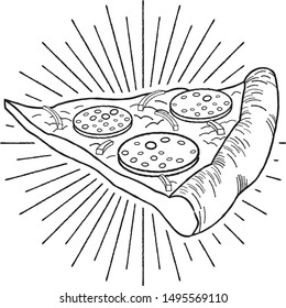 Pizza (pepperoni, onion) - black and white illustration/ drawing