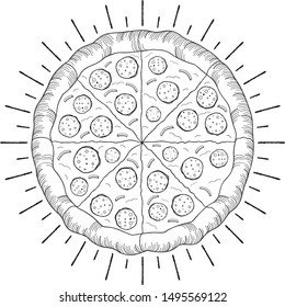 Pizza (pepperoni, onion) - black and white illustration/ drawing