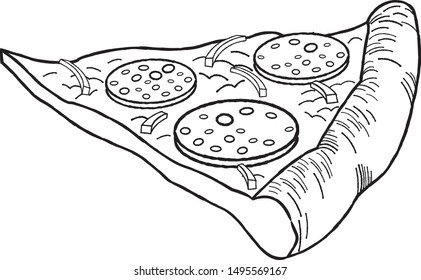 Pizza (pepperoni, onion) - black and white illustration/ drawing