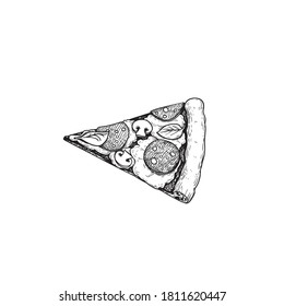 Pizza Pepperoni piece. Top view. Hand drawn sketch style drawing. Traditional Italian fast food. Best for menu designs and packages. Vector illustration.