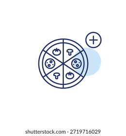 Pizza con pepperoni y símbolo plus. Expansión del menú, se necesitan nuevos elementos. Entrega de comida rápida y comida para llevar. Icono de Vector de trazo perfecto y editable
