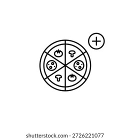 Pizza con pepperoni y símbolo plus. Expansión del menú, se necesitan nuevos elementos. Entrega de comida rápida y comida para llevar. Icono de Vector de trazo perfecto y editable