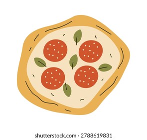 Pizza with pepperoni round and basil leaf on rustic dough, hand drawn with bold outline and clean shapes. Symbol of comfort food, snack craving, fast meal, and appetite appeal. Cartoon vector illustration.