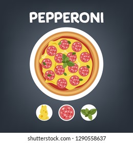 Pizza pepperoni with sausage. Italian food with cheese. Isolated flat vector illustration