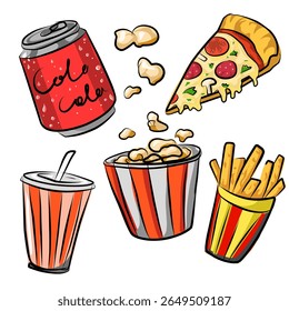 Pizza with pepperoni sausage pop art retro vector illustration. Cartoon style. Editable vector of fast food on isolated background. Cola, fried fries, pop corn, and drink.