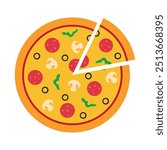 Pizza. Pepperoni pizza with slice. Delicious Italian pizza with mozzarella vector illustration.