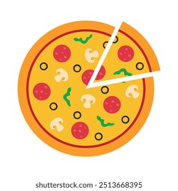 Pizza. Pepperoni pizza with slice. Delicious Italian pizza with mozzarella vector illustration.