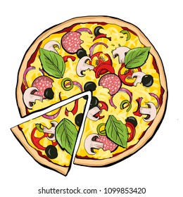 Pizza pepperoni with slice, vector