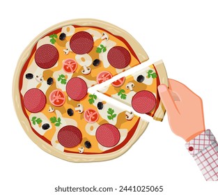 Pizza with pepperoni. Traditional fast food. Dough, cheese, salami, olive, tomato and vegetables. Vector illustration in flat style