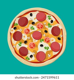 Pizza with pepperoni. Traditional fast food. Dough, cheese, salami, olive, tomato and vegetables. Vector illustration in flat style