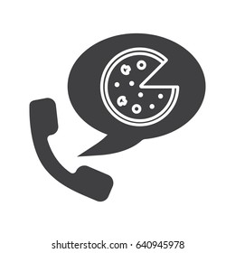 Pizza phone order glyph icon. Silhouette symbol. Handset with pizza delivery. Negative space. Vector isolated illustration