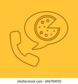 Pizza phone order linear icon. Handset with pizza delivery. Thin line outline symbols on color background. Vector illustration