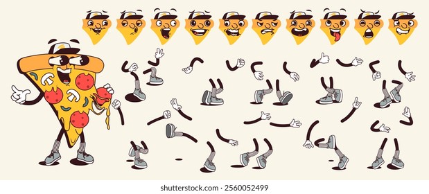 Pizza piece cartoon character with groovy comic faces set. Funny mascot with bundle of love, playful, wow, sad, fear, angry and other facial emotions, legs poses, hands gestures. Vector illustration.