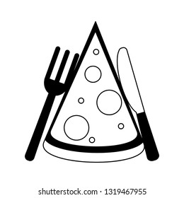 Pizza piece with fork and knife black and white