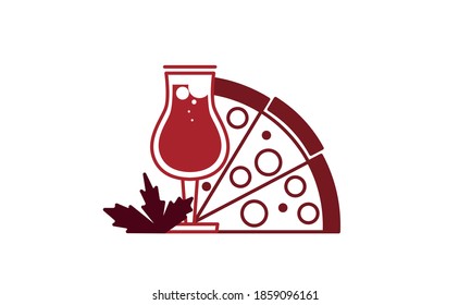 Pizza piece and glass of drink line icon concept. Fast food for sports match in the pub. Element design for restaurant. Vector illustration 