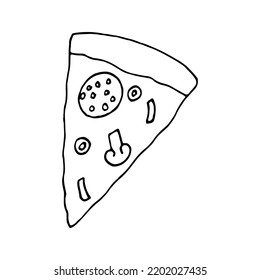 pizza piece hand drawn in doodle style. icon, sticker, menu.