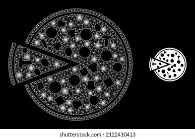 Pizza with piece icon and bright mesh pizza with piece model with magic light spots. Illuminated model is created using pizza with piece vector icon and triangle mesh.