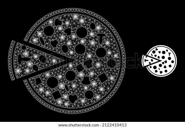 Pizza with piece icon and\
bright mesh pizza with piece model with magic light spots.\
Illuminated model is created using pizza with piece vector icon and\
triangle mesh.