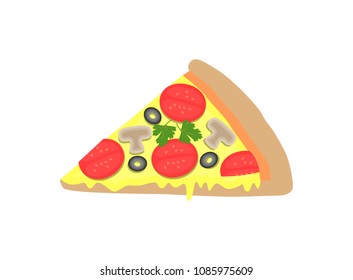 Pizza piece image isolated on white background vector illustration of tasty snack with cheese mushrooms greenery, olives and tomatoes, fast food icon