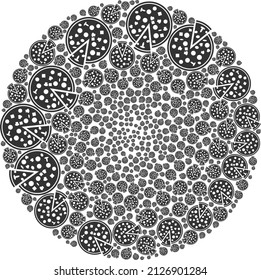 Pizza with piece items are united into bubble group. Pizza with piece icon bubble collage. Abstract round bubble mosaic is created with pizza with piece symbols.