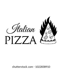 Pizza Piece label. Logo pizzeria. Vector illustration isolated on white background.