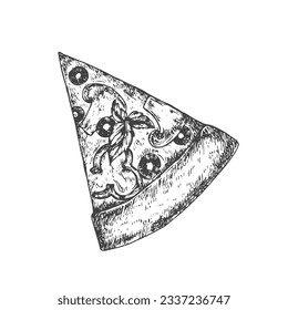 Pizza Piece with Mushrooms and Pepper. Hand Drawn Sketch Pepperoni Salami Food Vector Illustration. Natural Italian Cuisine Doodle. Isolated