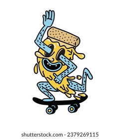 Pizza piece riding the skate with cheese leak blue limbs no background