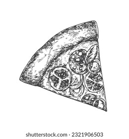 Pizza Piece with Sausage and Tomato. Hand Drawn Sketch Pepperoni Salami Food Vector Illustration. Natural Italian Cuisine Doodle. Isolated