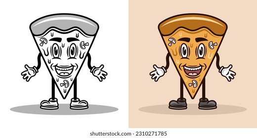 Pizza piece smiling cartoon character with hands and legs. Vector illustration in two styles black on white and colorful