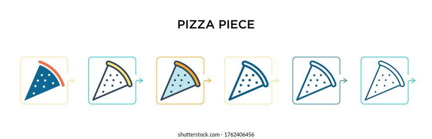Pizza piece vector icon in 6 different modern styles. Black, two colored pizza piece icons designed in filled, outline, line and stroke style. Vector illustration can be used for web, mobile, ui