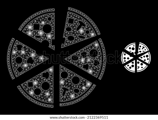 Pizza pieces icon and constellation mesh net\
pizza pieces model with sparkle spots. Illuminated model is created\
using pizza pieces vector icon and polygonal mesh. Illuminated\
carcass pizza pieces,