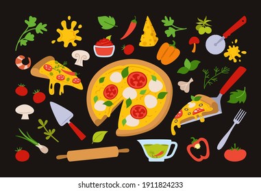 Pizza pieces and ingredients cartoon set. Italian hand drawn pizzas with greens, pepper, tomato, olive, cheese, mushroom. Margarita or pepperoni mexican. Pizza vector collection on black background