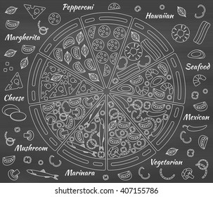 Pizza pieces and its ingredients. Chalk board background. Vector illustration