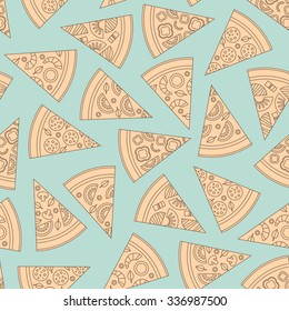 Pizza pieces outline vector seamless pattern.