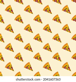 Pizza pieces painted in graphic style. Vector seamless pattern. Useful for restaurant identity, packaging, menu design and interior decorating