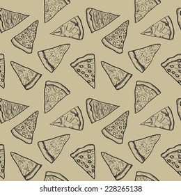 Pizza pieces painted in graphic style. Vector seamless pattern. Useful for restaurant identity, packaging, menu design and interior decorating