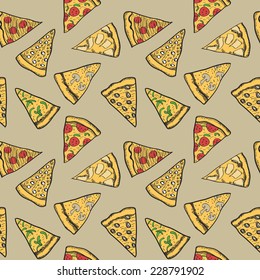 Pizza pieces painted in graphic style. Vector seamless pattern. Useful for restaurant identity, packaging, menu design and interior decorating