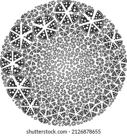 Pizza pieces signs are grouped into bubble collection. Pizza pieces icon spheric collage. Abstraction spheric bubble collage is created from pizza pieces icons.