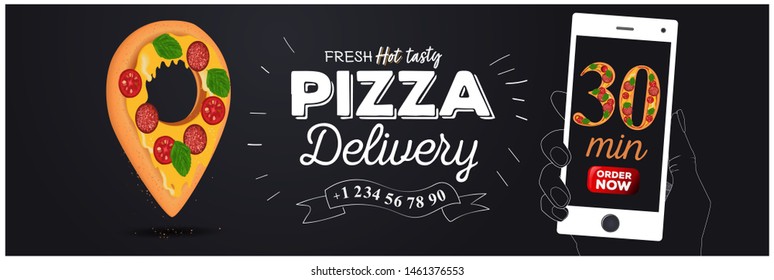 Pizza Pin. Delivery Website Banner.  Banner for cafe menu for advertising and promotion. Design template with hand-drawn graphic elements in doodle style. Vector Illustration	
