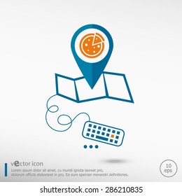 Pizza and pin on the map. Line icons for application development, creative process. 