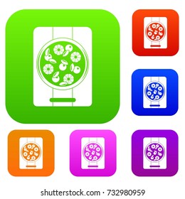 Pizza with pineapple and basil on board set icon color in flat style isolated on white. Collection sings vector illustration