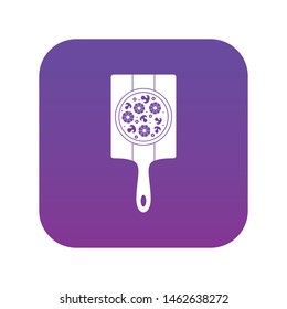 Pizza with pineapple, mushrooms and olives on board icon digital purple for any design isolated on white vector illustration