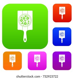 Pizza with pineapple, mushrooms and olives on board set icon color in flat style isolated on white. Collection sings vector illustration