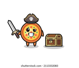 the pizza pirate character holding sword beside a treasure box , cute style design for t shirt, sticker, logo element