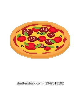 Pizza Pixel Art. Fast Food 8bit. Video Game Old School Digital Graphics