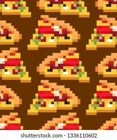 Pizza pixel art pattern seamless. Fast food 8bit background. Video game Old school digital graphics ornament
