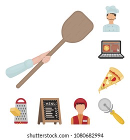 Pizza and pizzeria cartoon icons in set collection for design. Staff and equipment vector symbol stock web illustration.